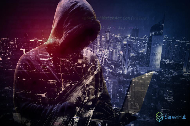 Hooded DNS hacker with a vague intertwined city background