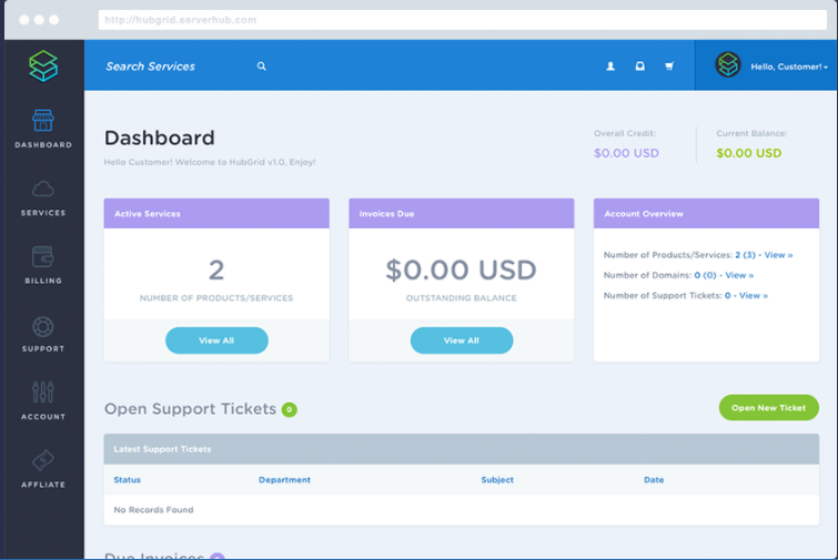 Dashboard HubGrid interface